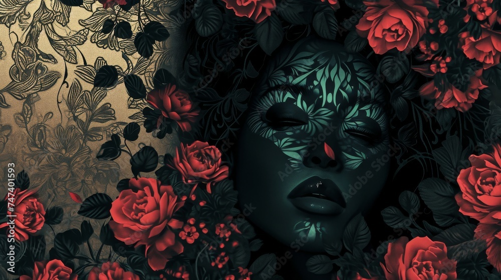 Illustration of a beautiful woman with sugar skull makeup and roses