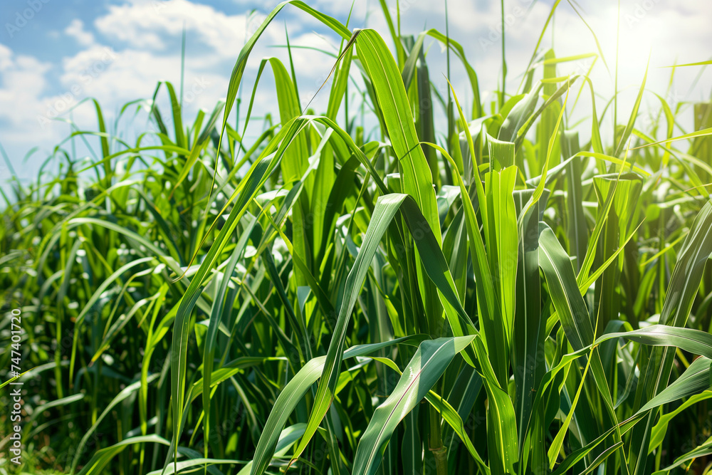 Obraz premium Tall sugar cane stalks in a sunlit field, vibrant green leaves, close-up on the fibrous texture, symbolizing natural sweetness and agriculture