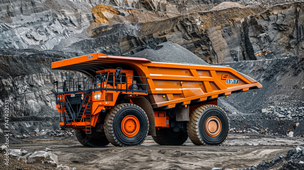 Close-up of a loaded dump truck on a mining site, vibrant orange vehicle against a rugged terrain, emphasizing industrial strength and capacity