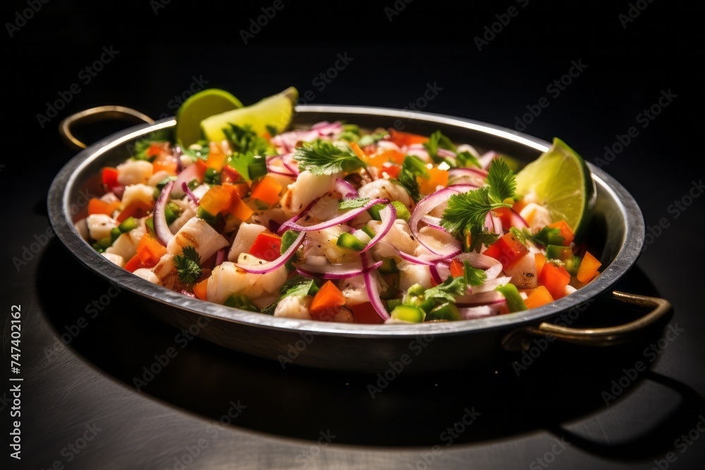 Juicy ceviche on a metal tray against a minimalist or empty room background Juicy ceviche on a metal tray against a minimalist or empty room background