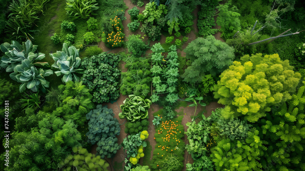 Aerial view of a thriving permaculture garden, diverse plant species intermingled, creating a self-sustaining ecosystem, green and lush