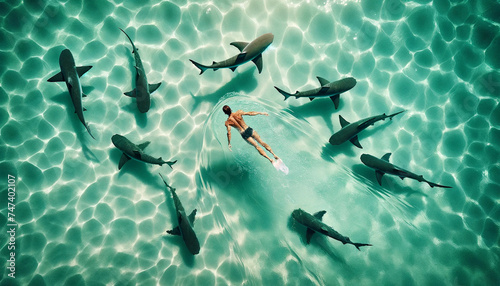 Person swimming with sharks in clear water