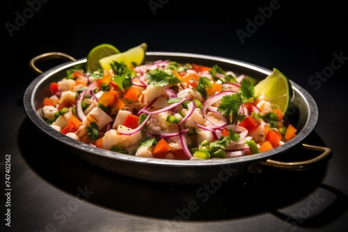 Juicy ceviche on a metal tray against a minimalist or empty room background