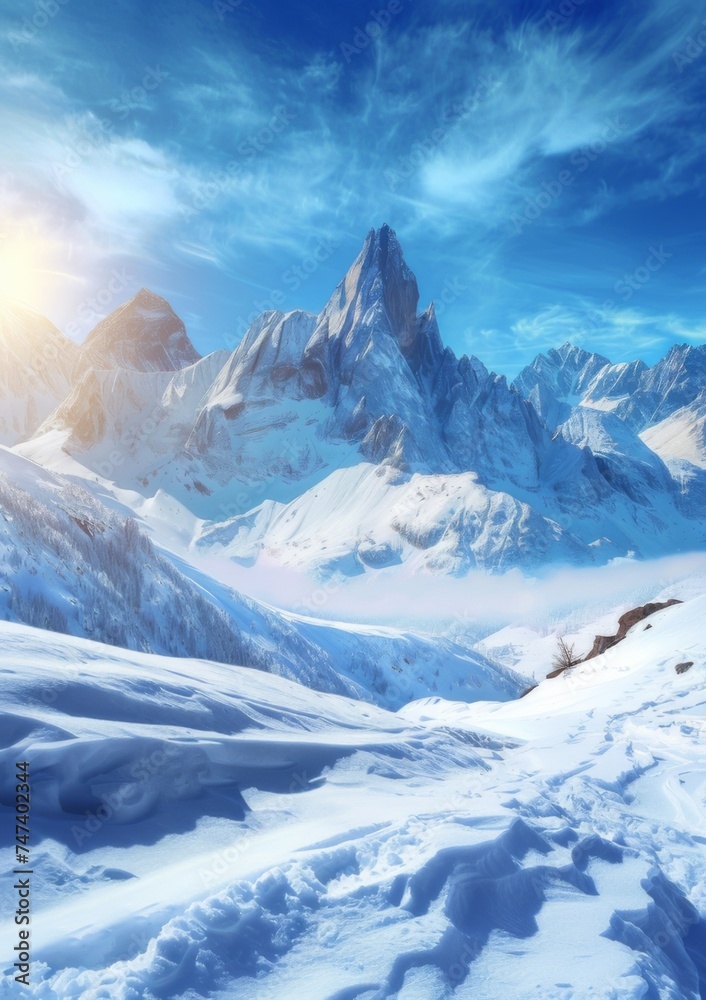 Obraz premium View of beautiful snow-capped mountains on a sunny day.