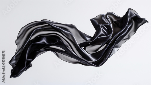 Flowing black silk fabric caught in a gentle breeze, smooth and glossy surface, capturing movement and delicacy