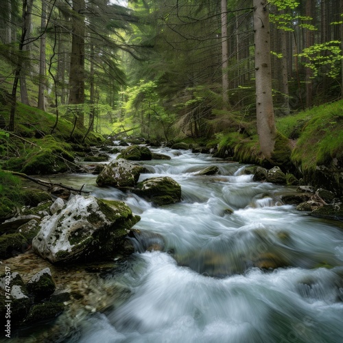 A natural stream in the middle of a beautiful forest.