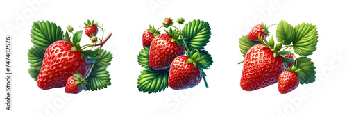 Set of strawberry fruit on a branch with leaves, illustration, isolated over on transparent white background © Mithun