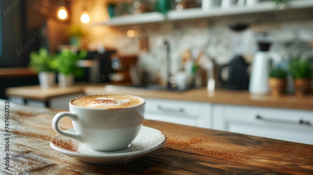 Close-up of coffee cup on wooden table in cafe . Blurred warm atmosphere, white cup with saucer, foam, rich coffee. Wooden table, cozy background of brown and yellow.