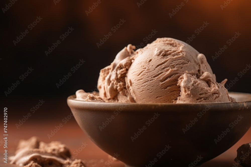 Tasty ice cream in a clay dish against a minimalist or empty room background Tasty ice cream in a clay dish against a minimalist or empty room background