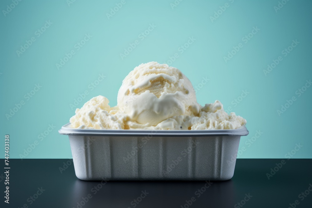 Refined ice cream on a plastic tray against a minimalist or empty room background Refined ice cream on a plastic tray against a minimalist or empty room background