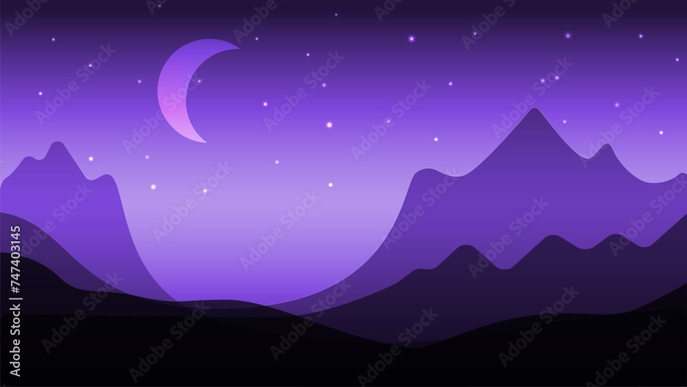 Landscape of night mountains, made in purple tones. The moon and stars are shining in the sky. Vector illustration.