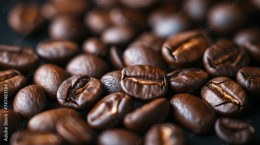 Freshly roasted coffee beans on white background. Close-up with shallow depth of field and dark background. Arranged in a rustic coffee shop. For coffee industry and equipment.