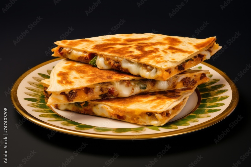 Delicious quesadilla on a porcelain platter against a minimalist or empty room background Delicious quesadilla on a porcelain platter against a minimalist or empty room background