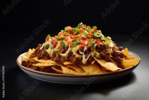Hearty nachos on a porcelain platter against a minimalist or empty room background