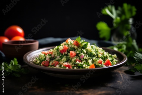 Tasty tabbouleh on a rustic plate against a minimalist or empty room background
