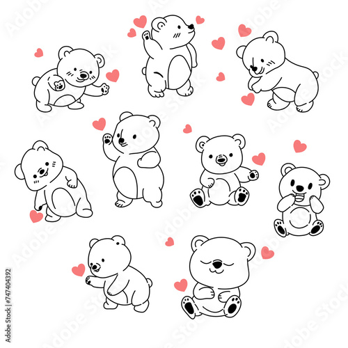 cute bear cub illustration, doodle art, line art on white background