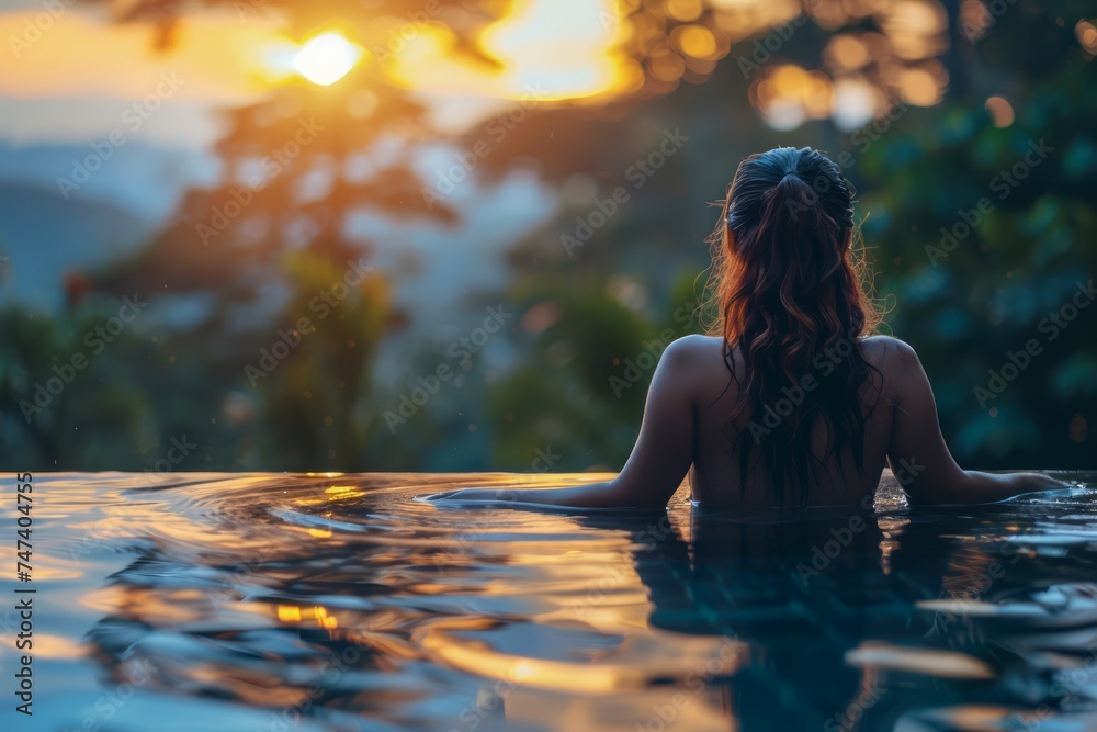 Woman Enjoying Serene Sunset View from Infinity Pool in Tropical Resort - obrazy, fototapety, plakaty 