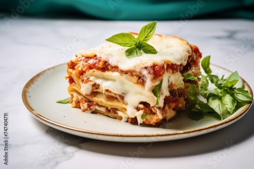 Tasty lasagna on a marble slab against a pastel or soft colors background