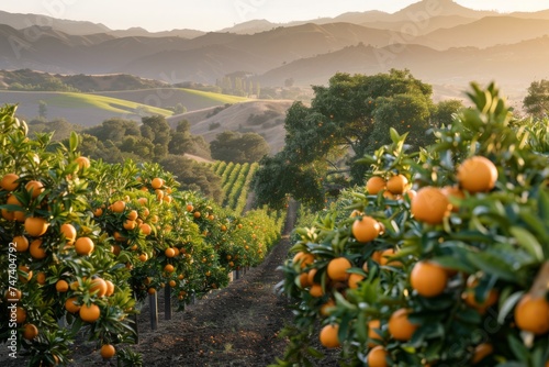 Ripe oranges hanging on lush trees during sunset with rolling hills in the background, capturing a serene agricultural landscape.