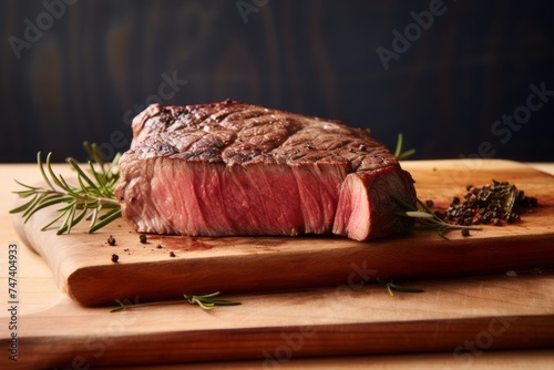 Exquisite medium rare ribeye steak on a wooden board against a pastel or soft colors background