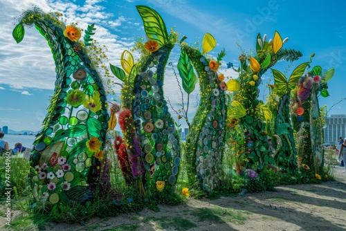 Colorful Flower and Leaf Sculptures in Outdoor Garden Against Blue Sky—Public Art Display