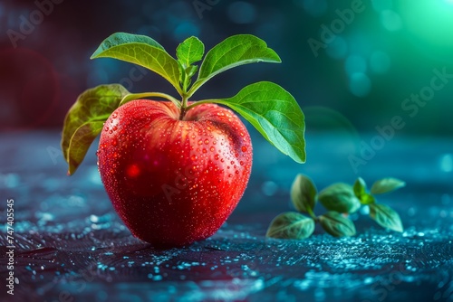 Fresh Red Apple with Water Drops on Dark Blue Background with Green Leaves and Soft Bokeh Lights