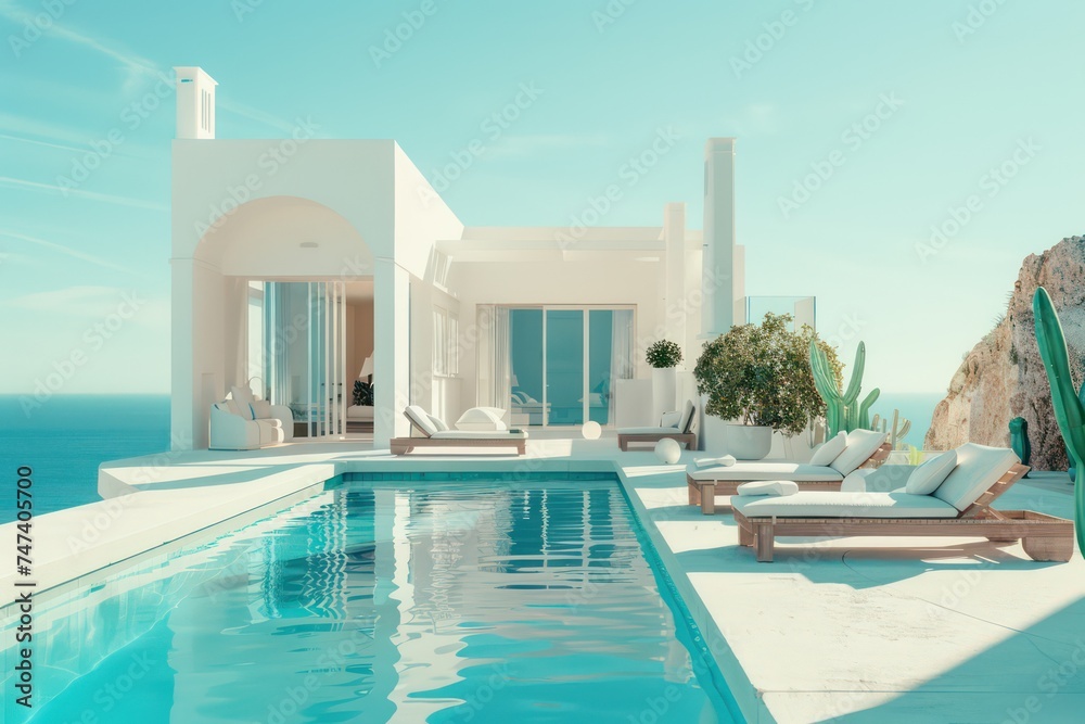 a beachside villa with swimming pool and lounge chairs, in the style of white and cyan, romantic landscape