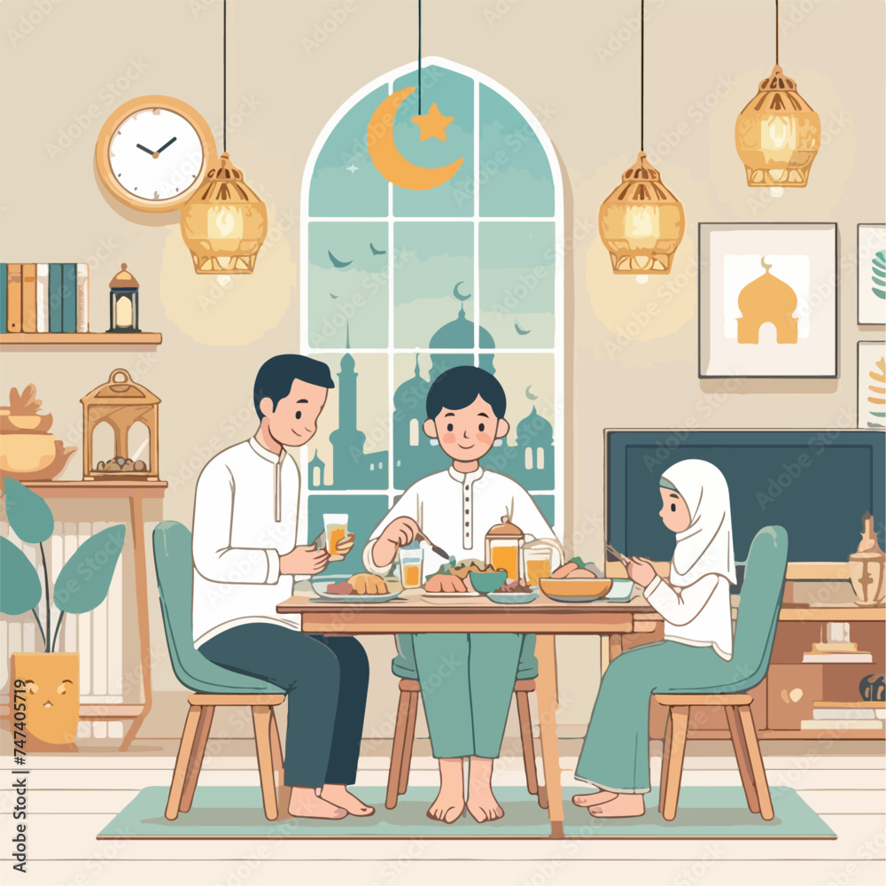 illustration  of family having meal,flat minimalist for ramadhan backround
