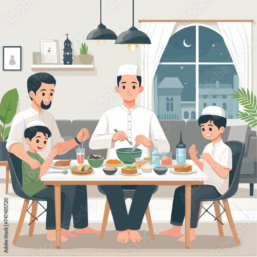 illustration of family having meal,flat minimalist for ramadhan backround