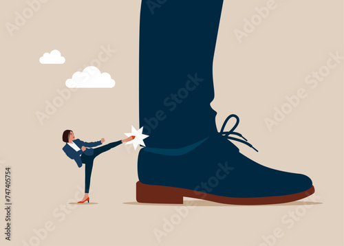 Miniature businesswoman exerts psychological pressure on big male employee. Feminism, inequality. Gender gap.  Flat vector illustration