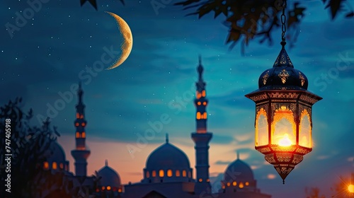 Ramadan lantern with moonlight and mosque background