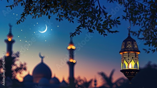 Ramadan lantern with moonlight and mosque background