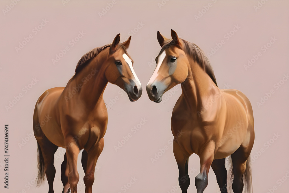 Two red horses with long manes in a portrait against a light background