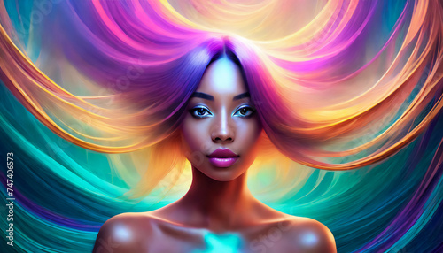 Magnifique portrait serré d'une femme noire aux cheveux longs et colorés,  les cheveux s'ouvrent en corole et se transforme en une sorte de voile aux  couleurs flashy occupant toute l'image photo
