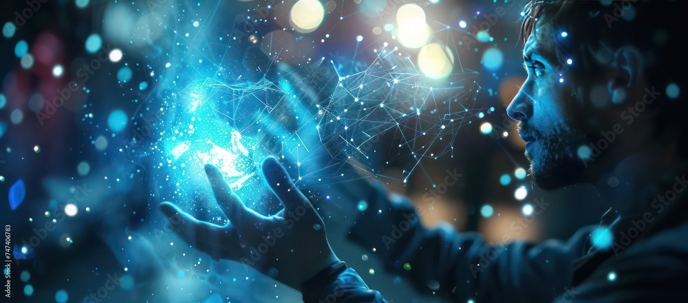 a man holding a blue object and some digital communications on it, in the style of human connections a man holding a blue object and some digital communications on it, in the style of human connections
