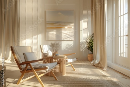 a living room with wooden chairs and white walls, in the style of realistic landscapes with soft, tonal colors, beige