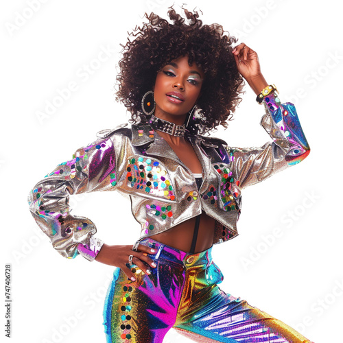 Young beautiful afro female model posing in 80s or 90s disco outfit. Retro fashion African black model. Isolated on transparent background. 
