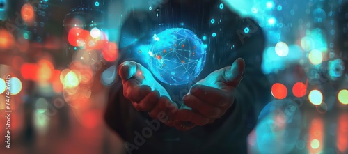 a man holding a blue object and some digital communications on it, in the style of human connections © STOCKYE STUDIO