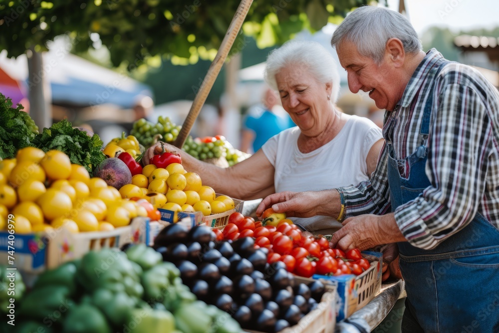 Man buying fruits and vegetables at a street market, is served by a woman Man buying fruits and vegetables at a street market, is served by a woman