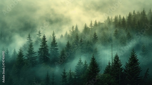 landscape atmosphere of misty pine forest © wahyu