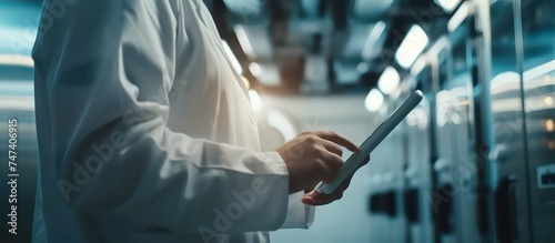 a medical technician is using a tablet device, in the style of motion blur panorama, silver and azure