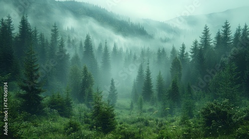 landscape atmosphere of misty pine forest photo