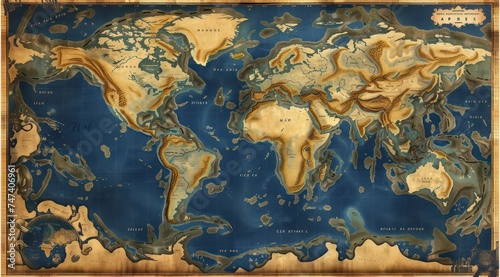 a map with the world in old style  in the style of disorienting spatial relationships  precisionism influence