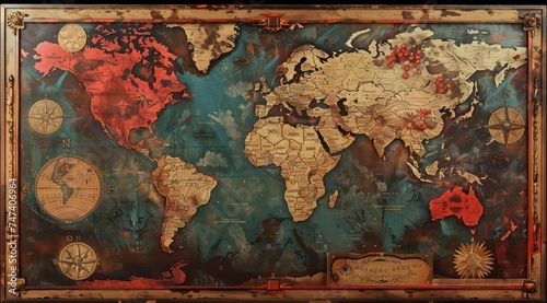 a map with various maps on it, in the style of enlightenment era, steampunk influences, anthropological, travel, light bronze and red © STOCKYE STUDIO