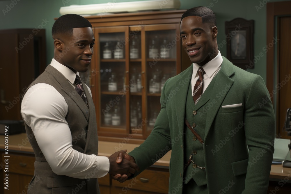 Two African-American businessmen, impeccably dressed in 1920s fashion, shake hands in an elegant office setting with a vintage bookcase in the background, exuding professionalism and historic charm.