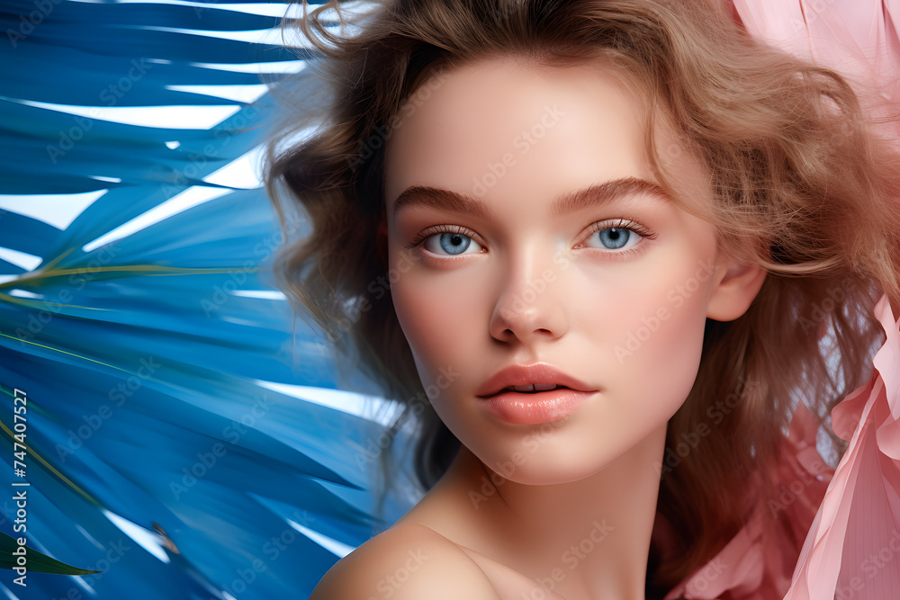 Beauty shot of pretty blond woman with blue palm leaf in background Beauty shot of pretty blond woman with blue palm leaf in background
