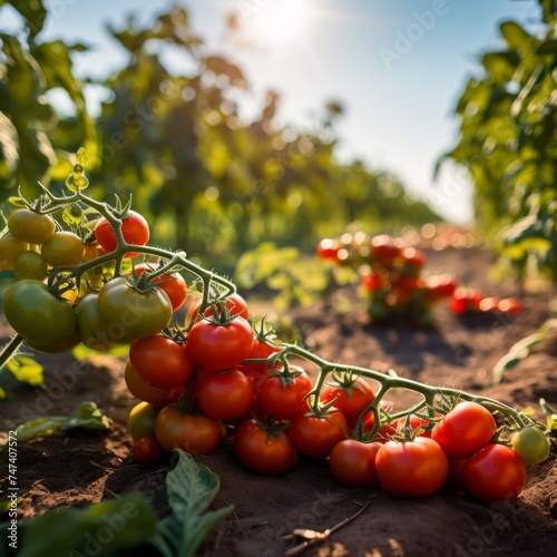 Fresh tomatoes growing in the field, sunny day.