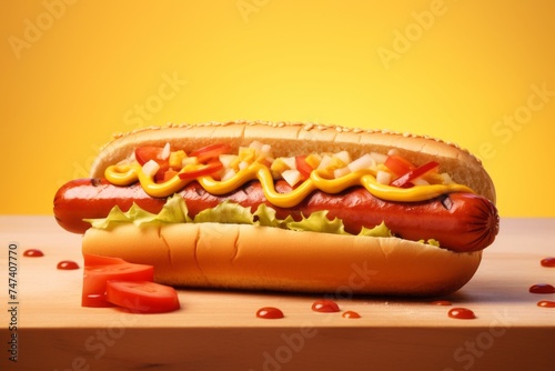 Exquisite hot dog on a wooden board against a pastel or soft colors background