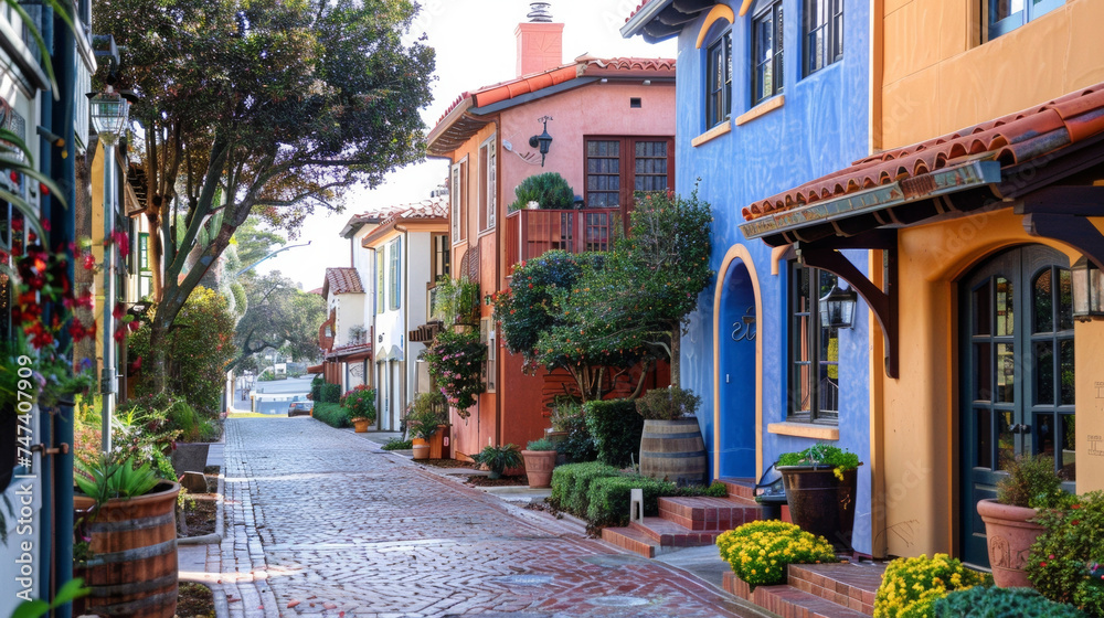 A charming cobblestone street lined with colorful quaint houses showcasing a mix of traditional and modern architectural styles.
