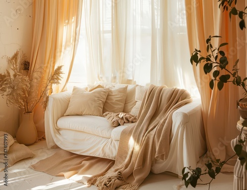 a white sofa with beige blankets and plants, in the style of romantic landscape, light pink and amber, monochrome toning